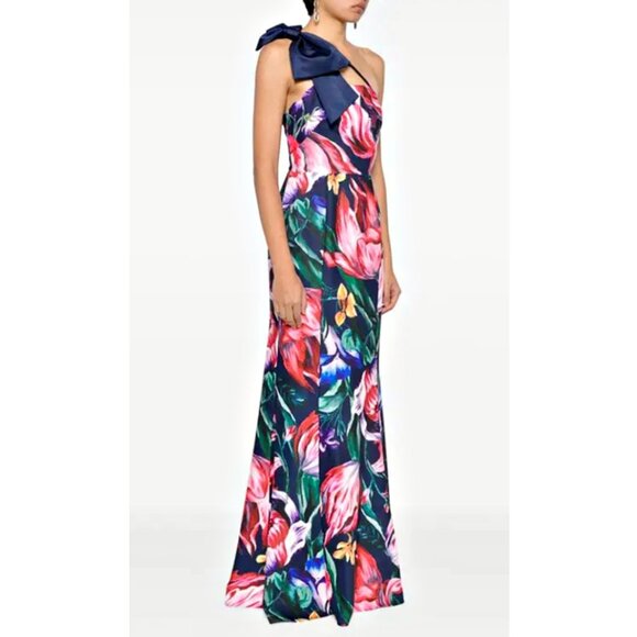 Marchesa Notte Florilegium One Bow Shoulder Floral Mikado Satin Gown sz 4 $895 - Picture 7 of 16
